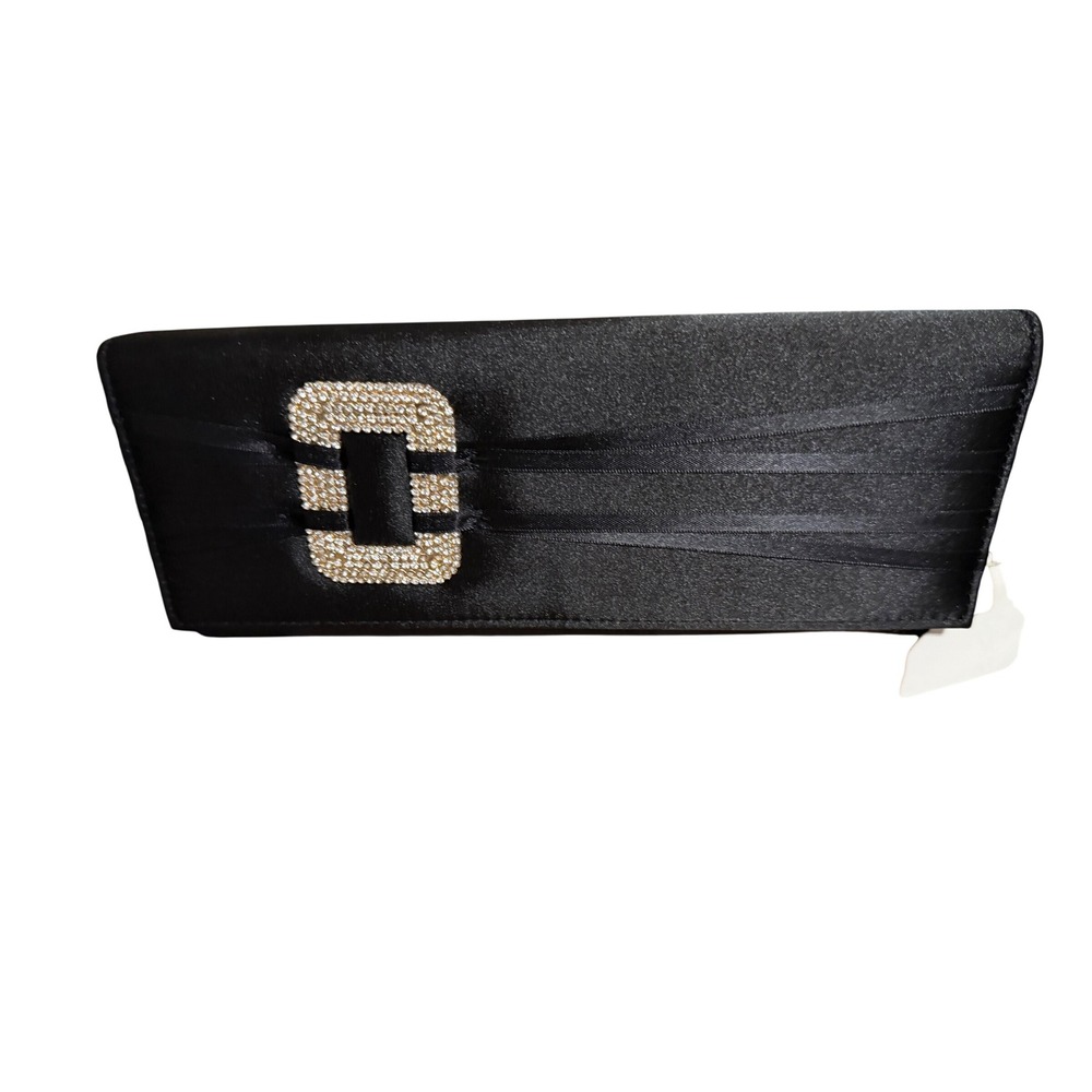 Kate Landry Black Satin Rhinestone Buckle Evening Clutch Bag with Chain Strap